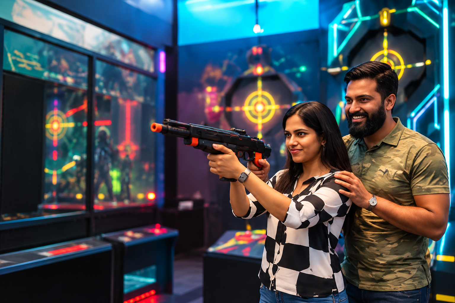 Guests enjoying an arcade-style target shooting game